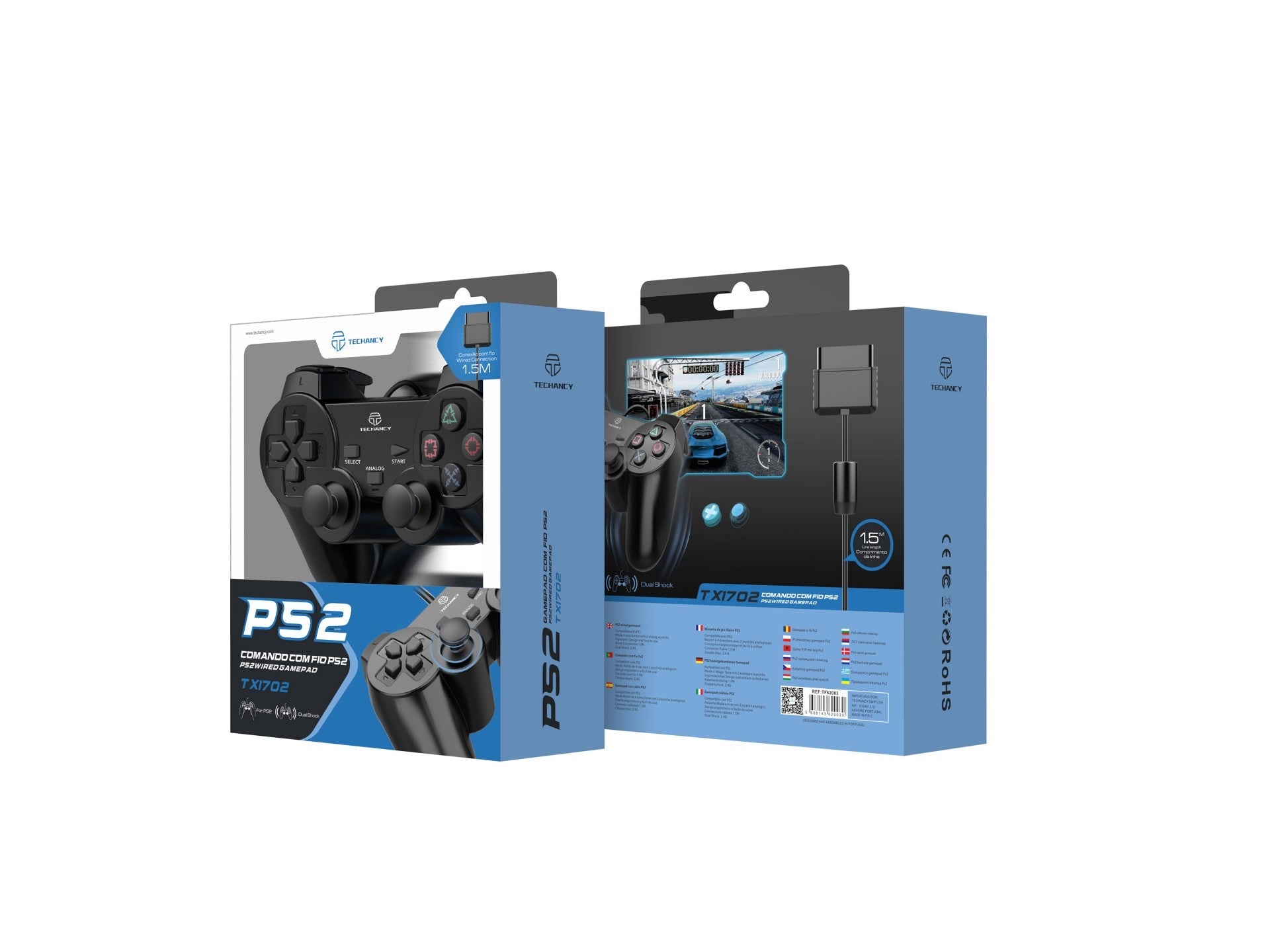 Controlador de jogos com fio USB Techancy PS2, TX1702, com joystick duplo com feedback vibratório, preto