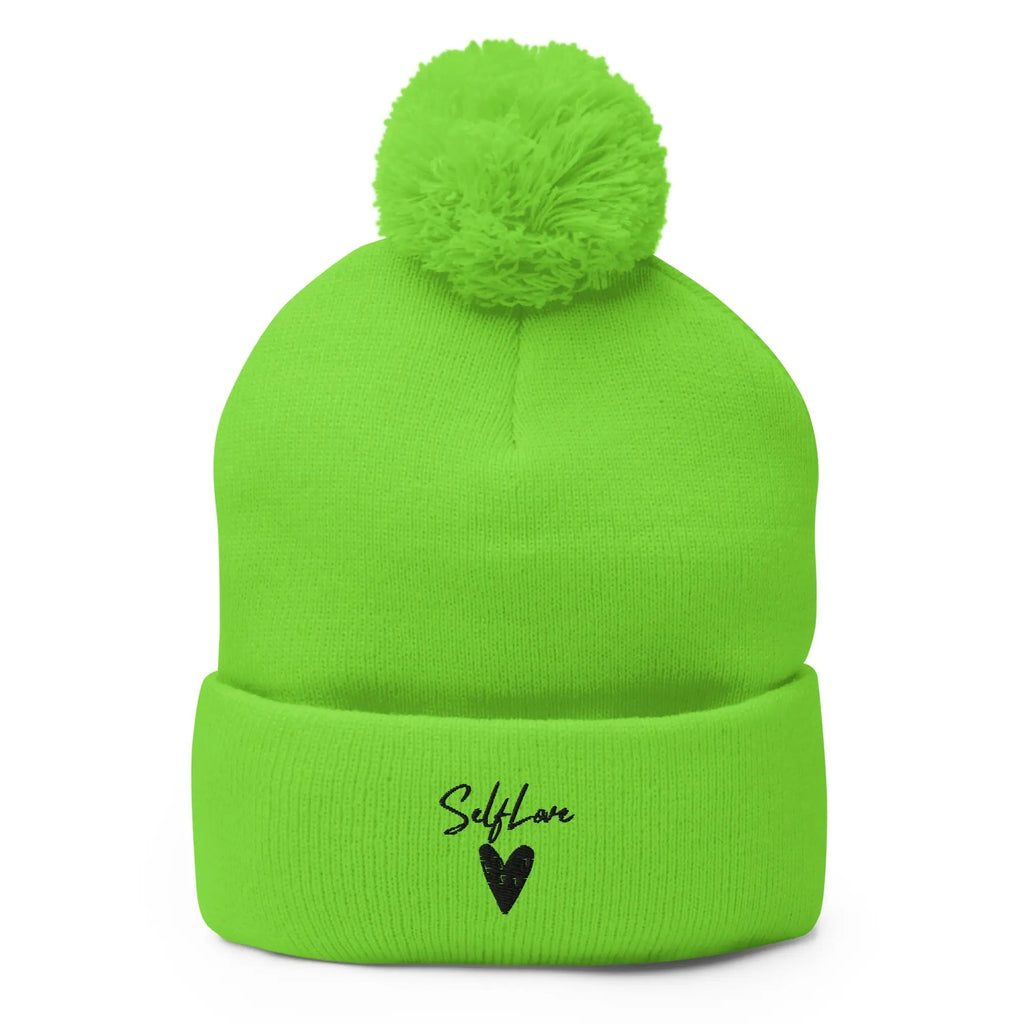 Self Love Pom-Pom Beanie - Women's Beanie with Embroidery